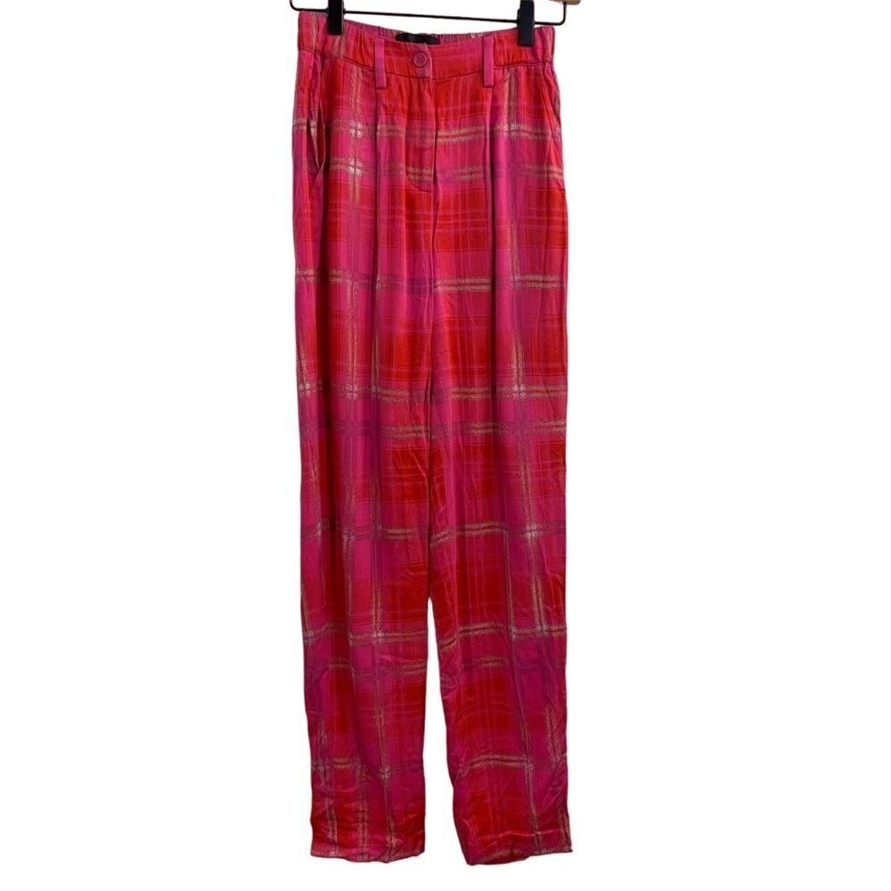 BP X Wildfang Womens Pink Rouge Plaid Straight Leg Elastic Back Pants SZ XXS NWT